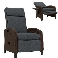 Outsunny Outdoor Recliner Chair with Adjustable Backrest, Cushion, Side Tray, Dark Grey(m-9)