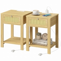 HOMCOM End Table Set of 2 with Charging Station, Bed Side Tables Set with Drawer, Storage Shelf for Living Room, Natural Wood