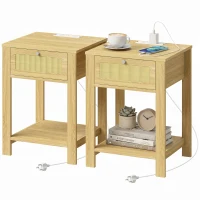 HOMCOM End Table Set of 2 with Charging Station, Bed Side Tables Set with Drawer, Storage Shelf for Living Room, Natural Wood(m-1)