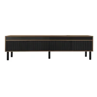 TV Stand with Elegant Stripe Design and Sturdy Wooden Legs, Three Doors, Practical and Easy Access, 67" L x 15" W x 18.5" H, Black+Natural(m-2)