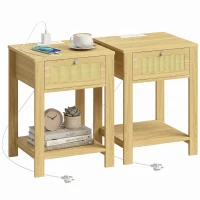 HOMCOM End Table Set of 2 with Charging Station, Bed Side Tables Set with Drawer, Storage Shelf for Living Room, Natural Wood(m-11)