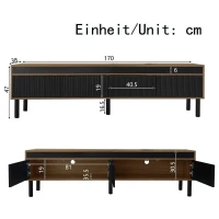 TV Stand with Elegant Stripe Design and Sturdy Wooden Legs, Three Doors, Practical and Easy Access, 67" L x 15" W x 18.5" H, Black+Natural(m-3)