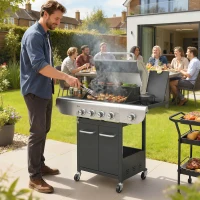 Outsunny 4 Burner Propane Gas Grill with Side Burner, 53,000 BTU BBQ Grill with Cast Iron Grates, Wheels, Warming Rack, Cabinet(m-1)