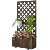 Outsunny Wooden Raised Garden Bed Planting Planter Box with Trellis and Drain Holes for Climbing Vine Plants, Brown