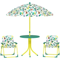 Qaba Kids Picnic Table, Kids Table and Chair Set with 2 Folding Chairs and Umbrella for Backyard, Garden, Patio, Green(m-9)