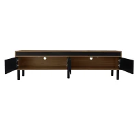 TV Stand with Elegant Stripe Design and Sturdy Wooden Legs, Three Doors, Practical and Easy Access, 67" L x 15" W x 18.5" H, Black+Natural(m-8)