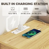 HOMCOM End Table Set of 2 with Charging Station, Bed Side Tables Set with Drawer, Storage Shelf for Living Room, Natural Wood(m-4)