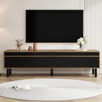 TV Stand with Elegant Stripe Design and Sturdy Wooden Legs, Three Doors, Practical and Easy Access, 67" L x 15" W x 18.5" H, Black+Natural(m-1)