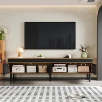 TV Stand with Elegant Stripe Design and Sturdy Wooden Legs, Three Doors, Practical and Easy Access, 67" L x 15" W x 18.5" H, Black+Natural(m-5)