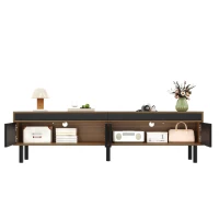 TV Stand with Elegant Stripe Design and Sturdy Wooden Legs, Three Doors, Practical and Easy Access, 67" L x 15" W x 18.5" H, Black+Natural(m-10)