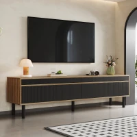 TV Stand with Elegant Stripe Design and Sturdy Wooden Legs, Three Doors, Practical and Easy Access, 67" L x 15" W x 18.5" H, Black+Natural(m-4)