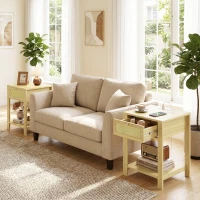HOMCOM End Table Set of 2 with Charging Station, Bed Side Tables Set with Drawer, Storage Shelf for Living Room, Natural Wood(m-10)