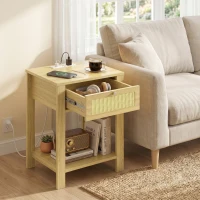 HOMCOM End Table Set of 2 with Charging Station, Bed Side Tables Set with Drawer, Storage Shelf for Living Room, Natural Wood(m-9)