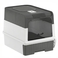PawHut Cat Litter Box with Lid, Enclosed Kitty Litter Box with Pull-Out Drawer Tray, Scoop, 4 Deodorization Bags, Grey(m-2)