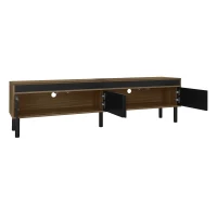 TV Stand with Elegant Stripe Design and Sturdy Wooden Legs, Three Doors, Practical and Easy Access, 67" L x 15" W x 18.5" H, Black+Natural(m-9)