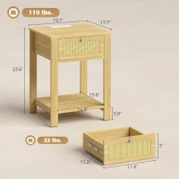 HOMCOM End Table Set of 2 with Charging Station, Bed Side Tables Set with Drawer, Storage Shelf for Living Room, Natural Wood(m-3)