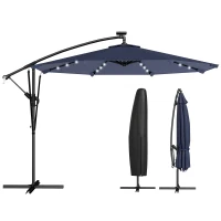 Outsunny 9.7ft Solar LED Cantilever Patio Umbrella with 32 LED Lights, Cross Base, Crank Handle, for Poolside, Deck, Dark Blue(m-9)