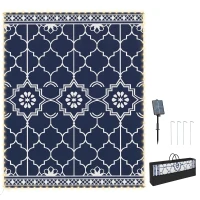 Outsunny Reversible Outdoor Rug Carpet with LED Lights, 12' x 9' PP Straw Rug with Carry Bag and Ground Stakes(m-11)