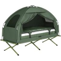 Outsunny 4-in-1 Camping Cot Tent, 1-Person Off-Ground Bed with Air Mattress, Sleeping Bag & Pillow, Elevated Camping Shelter for Adults(m-2)