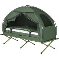 Outsunny 4-in-1 Camping Cot Tent, 1-Person Off-Ground Bed with Air Mattress, Sleeping Bag & Pillow, Elevated Camping Shelter for Adults(m-15)