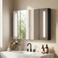 kleankin Bathroom Mirror Cabinet with LED and Adjustable Shelves, Wall Mounted Medicine Cabinet, High Gloss Black(m-1)