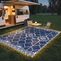 Outsunny Reversible Outdoor Rug Carpet with LED Lights, 12' x 9' PP Straw Rug with Carry Bag and Ground Stakes(m-10)
