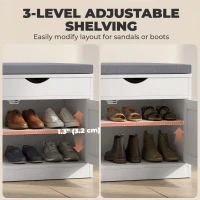 HOMCOM Shoe Bench with Cushion Shoe Storage Bench 3-Door Adjustable Shelves White(m-6)