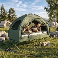 Outsunny 4-in-1 Camping Cot Tent, 1-Person Off-Ground Bed with Air Mattress, Sleeping Bag & Pillow, Elevated Camping Shelter for Adults