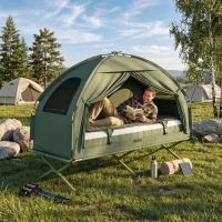 Outsunny 4-in-1 Camping Cot Tent, 1-Person Off-Ground Bed with Air Mattress, Sleeping Bag & Pillow, Elevated Camping Shelter for Adults(m-1)