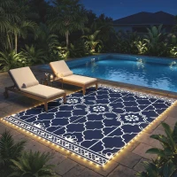 Outsunny Reversible Outdoor Rug Carpet with LED Lights, 12' x 9' PP Straw Rug with Carry Bag and Ground Stakes(m-8)