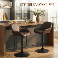HOMCOM Adjustable Bar Stools Set of 2, Swivel Barstools with Footrest and Back, PU Leather and Steel Round Base, Coffee(m-4)