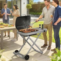 Outsunny Portable Propane Gas BBQ Grill with Foldable Cart, Wheels, 9500 BTU Gas Barbecue Grill with Piezo Ignition Burner, Black(m-8)