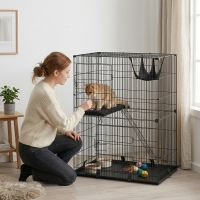 PawHut 2-Tier Cat Cage Indoor, Detachable Metal Wire Kennel with Hammock, Platform, Tray and Cushion for 1-2 Kittens