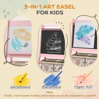 Qaba Toy Box with Lid and Kids Easel with Paper Roll, Blackboard, Whiteboard, Cute Fox Design, for Ages 3-8 Years, Pink(m-4)