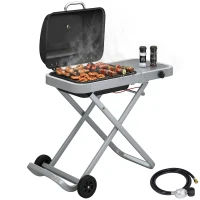 Outsunny Portable Propane Gas BBQ Grill with Foldable Cart, Wheels, 9500 BTU Gas Barbecue Grill with Piezo Ignition Burner, Black(m-13)