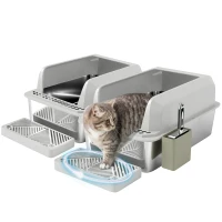 2 Pack Stainless Steel Litter Box with Metal Scoop & Scoop Holder, High Sided, Anti-Urine Leakage, Non-Sticky(m-11)