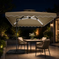 Outsunny 8' x 8' Square Double Top Offset Patio Umbrella Garden Parasol with Solar LED Lights, Ruffles and Weights, Khaki(m-8)