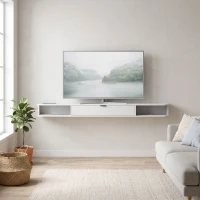 HOMCOM 71" Floating TV Stand for TVs up to 75 Inch, Wall Mounted Media Console with Flip Drawer and 2 Open Shelves, White(m-8)