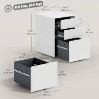 Vinsetto 3 Drawer Filing Cabinet, Steel Home Office Storage Cabinet with Wheels, Lock for A4, Letters, Legal-sized Files, White(m-3)