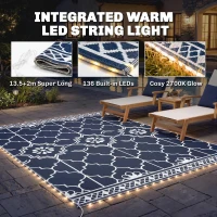Outsunny Reversible Outdoor Rug Carpet with LED Lights, 10' x 8' PP Straw Rug with Carry Bag and Ground Stakes(m-5)