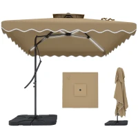 Outsunny 8' x 8' Square Double Top Offset Patio Umbrella Garden Parasol with Solar LED Lights, Ruffles and Weights, Khaki(m-13)