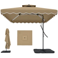 Outsunny 8' x 8' Square Double Top Offset Patio Umbrella Garden Parasol with Solar LED Lights, Ruffles and Weights, Khaki(m-2)