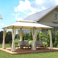 Outsunny 10' x 13' Double Roof Patio Gazebo, Outdoor Gazebo with Curtains, for Garden, Lawn, Backyard and Deck, Cream White(m-1)