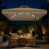 Outsunny 8' x 8' Square Double Top Offset Patio Umbrella Garden Parasol with Solar LED Lights, Ruffles and Weights, Khaki(m-1)