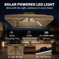 Outsunny 8' x 8' Square Double Top Offset Patio Umbrella Garden Parasol with Solar LED Lights, Ruffles and Weights, Khaki(m-4)