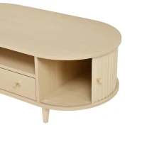 Versatile Oval Coffee Table with Roll-Top Door and Drawer, Spacious Center Table with Open Shelf, 39.5" L x 19.5" W x 14" H, Natural Wood(m-8)