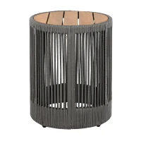 2-Piece Side Table Set with Woven Rope Design, Outdoor Round Table Set for Patio and Poolside, 41" L x 41" W x 32.5" H, Grey+Natural+Teak(m-10)