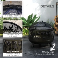 Outsunny Outdoor Metal Fire Pit, 24" Round Firepit Bowl w/ Lid Grill Poker Handles for Garden, Camping, BBQ, Bonfire, Black(m-6)