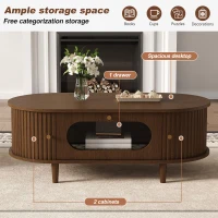 Living Room Coffee Table with Roll-Up Door Storage, Minimalist Center Table with MDF Veneer Top, 39.5" L x 19.5" W x 14" H, Walnut Wood(m-4)