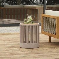 Outdoor Side Table with Rope-Wrapped Iron Frame, Sturdy End Table with Rustic-Modern Design, 15" L x 15" W x 18.5" H, Beige+Natural+Teak(m-5)